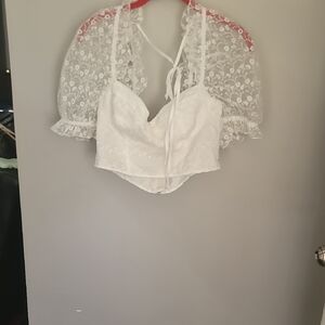 SHEIN White Lace Top with Puff Sleeves